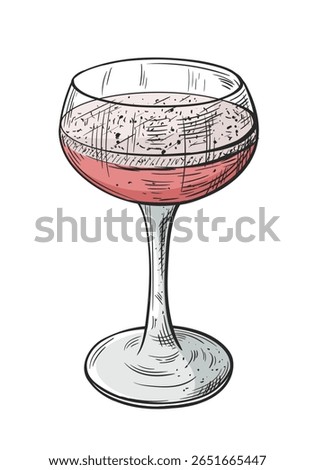Red wine glass hand drawn isolated on white background. Vintage sketch of alcoholic drink in a tall stemmed glass. Cocktail for parties. Vector illustration
