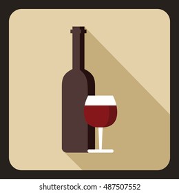 Red wine and glass icon in flat style with long shadow. Drink symbol vector illustration