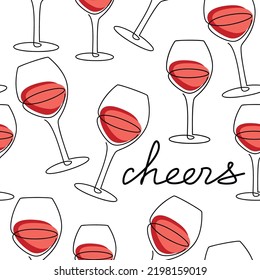 Red wine glass icon seamless vector pattern. One line continuous hand drawn illustration with handwritten lettering. Wallpaper, graphic background, fabric, print, wrapping paper or package design.