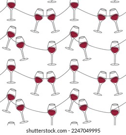 Red wine glass icon seamless vector pattern. One line continuous hand drawn illustration. Wallpaper, graphic background, fabric, print, wrapping paper or package design.