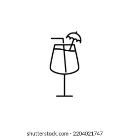 red wine glass icon with straw and umbrella garnish on white background. simple, line, silhouette and clean style. black and white. suitable for symbol, sign, icon or logo