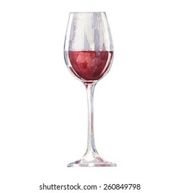 Red wine in a glass isolated on white background. Vector, watercolor hand drawn  illustration.