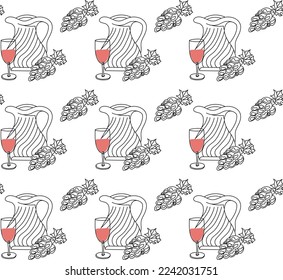 Red wine in a glass with jar and sprig of grapes seamless pattern hand drawn illustration