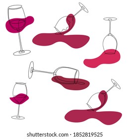 Red wine glass logo, spilled wine, wine glass outline, burgundy splashes in wine glass, linear drawing, line art