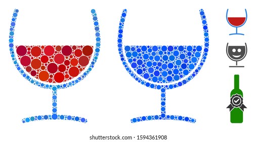 Red wine glass mosaic of filled circles in variable sizes and color hues, based on red wine glass icon. Vector filled circles are grouped into blue mosaic.