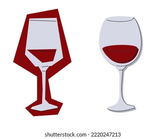 Red wine glass on white background. Cartoon sketch graphic design. Flat style. Colored hand drawn image. Party drink concept for restaurant, cafe. Freehand. Two kinds of illustration. Conditional