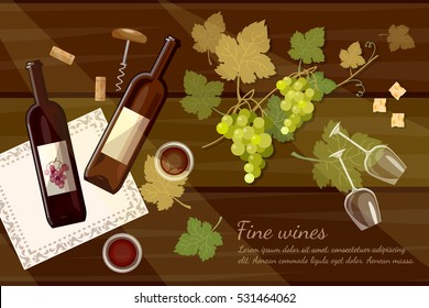 Red wine glass on a wooden table top view, wine bottle and grapes cartoon 