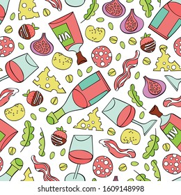 Red wine. Wine glass. Sausage, cheese, figs, chips, chocolate covered strawberries, greens and pistachios. Seamless vector pattern (background). Cartoon food print.