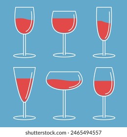 Red wine glass set. Different shape collection. White contour outline icon. Shining glossy utensils. Food and drink concept. Menu template. Minimal line flat design. Blue background Isolated. Vector