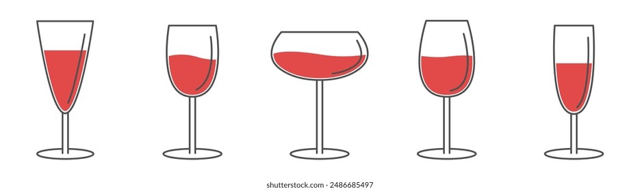 Red wine glass set line. Food drink concept. Different shape collection. Menu template. Black contour outline icon. Shining glossy utensils. Minimal line flat design. Isolated. White background Vector