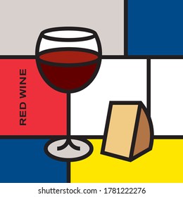 Red Wine Glass With Slab Of Cheese. Modern Style Art With Rectangular Color Shapes. Piet Mondrian Style Pattern.