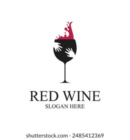 Vidrio de vino tinto con diseño de logotipo splash idea de concepto con icono de mano