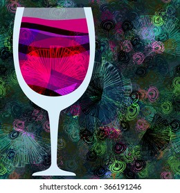 Red wine in a glass. Tropical and exotic nature. Vector seamless pattern. 