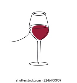 Red wine glass vector one line continuous drawing illustration. Hand drawn linear silhouette icon. Minimal design element for print, banner, card, wall art poster, brochure, postcard.