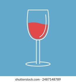 Vaso de vino tinto. Icono de contorno blanco. Colección de forma simple. Utensilios brillantes. Concepto de comida y bebida saludables. Plantilla de menú. Diseño plano de línea mínima. Fondo azul. Aislado. Vector