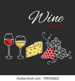 Red wine glass, white wine glass, grapes and cheese vector  illustration isolated on chalkboard background, hand drawn doodle sketch. 