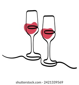 Red wine glasses one line artistic illustration