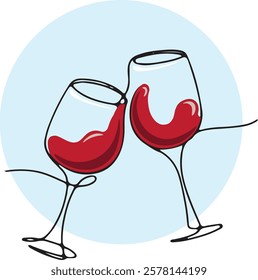 red wine glasses, one line drawing