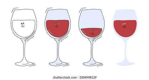 Red wine glassware with smile face on white background. Cartoon sketch graphic design. Doodle style with black contour line. Cute hand drawn glass. Party drinks concept. Kawaii freehand drawing style
