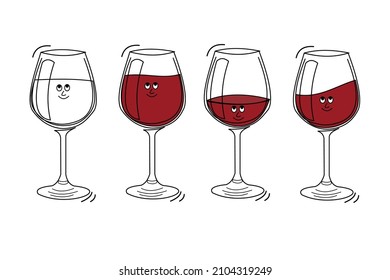 Red wine glassware with smile face on white background. Cartoon sketch graphic design. Doodle style with black contour line. Cute hand drawn glass. Party drinks concept. Kawaii freehand drawing style