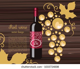 Red wine with a gold bow, bunch of grapes, bottle wine, celebratory drink, birthday drink,  vector illustration.