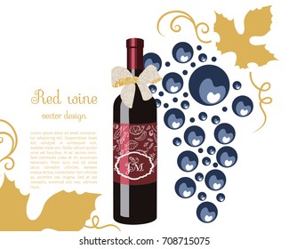 Red wine with a gold bow, bunch of grapes, bottle wine, celebratory drink, birthday drink,  vector illustration.