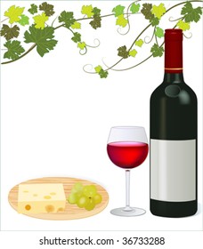 Red wine with grape and cheese isolated vector illustration