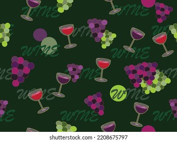 Vino rojo con patrón de uva para textiles, papel pintado, fondo, huellas, productos de papel. Ilustración vectorial de dibujos animados