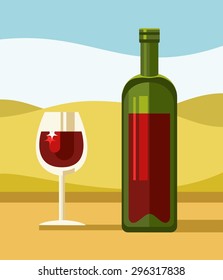Red wine, green  bottle, clear glass, landscape, illustration. On the table is red wine in a green transparent bottle and a glass on a long stalk with wine.  Colored, flat illustration. 