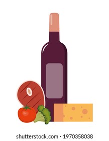 Red wine and grilled steak with vegetables. Set of products for dinner. Flat style vector illustration