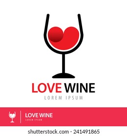 Red wine heart shape in the glass. Symbol icon logo design. Love wine concept. Vector illustration