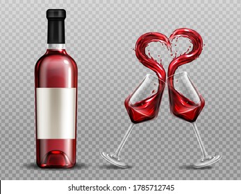 El corazón del vino tinto se salpicará de copas de vino y botella de vino. Gafas completas con bebida alcohólica que se aíslan sobre fondo transparente. Día de San Valentín o cita romántica ilustración realista 3d vectorial