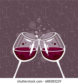 Red wine illustration. Wine glasses for romantic dinner. Menu background.