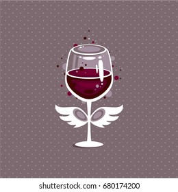 Red wine illustration. Wineglass with wings.