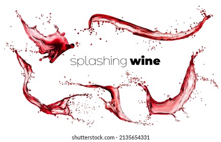 Red Wine Isolated Splashes With Drops, Liquid Alcohol Drink Swirl. Transparent Vector Waves, Splashing Swirls, Aqua Dynamic Motion Elements With Spray Droplets. Alco Beverage Ad Realistic 3d Design