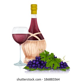 Red wine jar glass and grape bunch with leaves print vector illustration