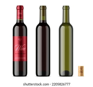 Red wine with label and empty glass bottle with cork. Template mockup for advertising design. Realistic vector illustration isolated on white background