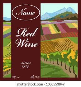 red wine label with landscape