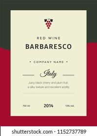 Red wine labels. Vector premium template set. Clean and modern design. Italy red wine label Barbaresco