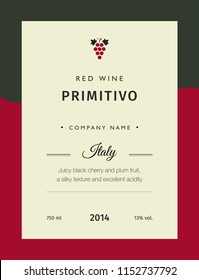 Red wine labels. Vector premium template set. Clean and modern design. Italy red wine label Primitivo