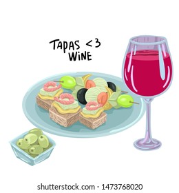 Red wine. Lettering and hand-drawing glass with an alcoholic drink, Plate with tapas and olives, snacks. A menu in a bar, restaurant, party lover, design advertising or flyer. Vector flat illustration