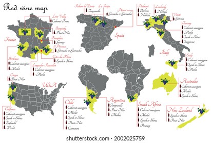 Red wine maps. Wine production maps showing grape varieties. Regions of grape growing for wine production.