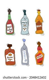 Ternera martini ron vodka whisky con sonrisa de fondo blanco. Dibujo gráfico de dibujos animados. Estilo Doodle con línea de contorno negro. Botella dibujada a mano. El concepto de las bebidas de fiesta. Manos libres.