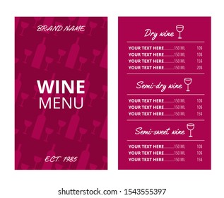 Red wine menu template with bottle and glasses pattern. Vector layout with sample text. Standard scaled size (8,5*14 in)