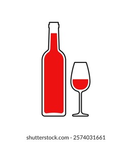 Red wine minimalist vector illustration. Stylized wine bottle and glass with black outline on beige background.