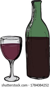 Red wine in an open bottle of green glass and next to it is a wine glass filled with wine. Design for a restaurant or bar.