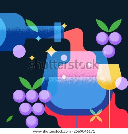 Red wine poured from bottle into glass. Vector illustration. Abstract colorful geometric bar drinks menu background. Winery shop label, poster, print, design elements