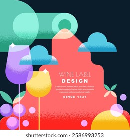 Red wine poured from bottle, two glasses and grapes. Vector illustration. Abstract colorful geometric bar drinks menu background with place for text. Winery shop label, poster, print, design elements