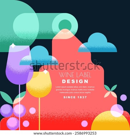 Red wine poured from bottle, two glasses and grapes. Vector illustration. Abstract colorful geometric bar drinks menu background with place for text. Winery shop label, poster, print, design elements