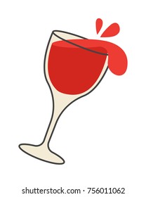 Red wine pours out of overturned glass cartoon style isolated on white background. Realistic symbol with two flying drops. Vector illustration flat design hand drawn pattern for websites, infographics